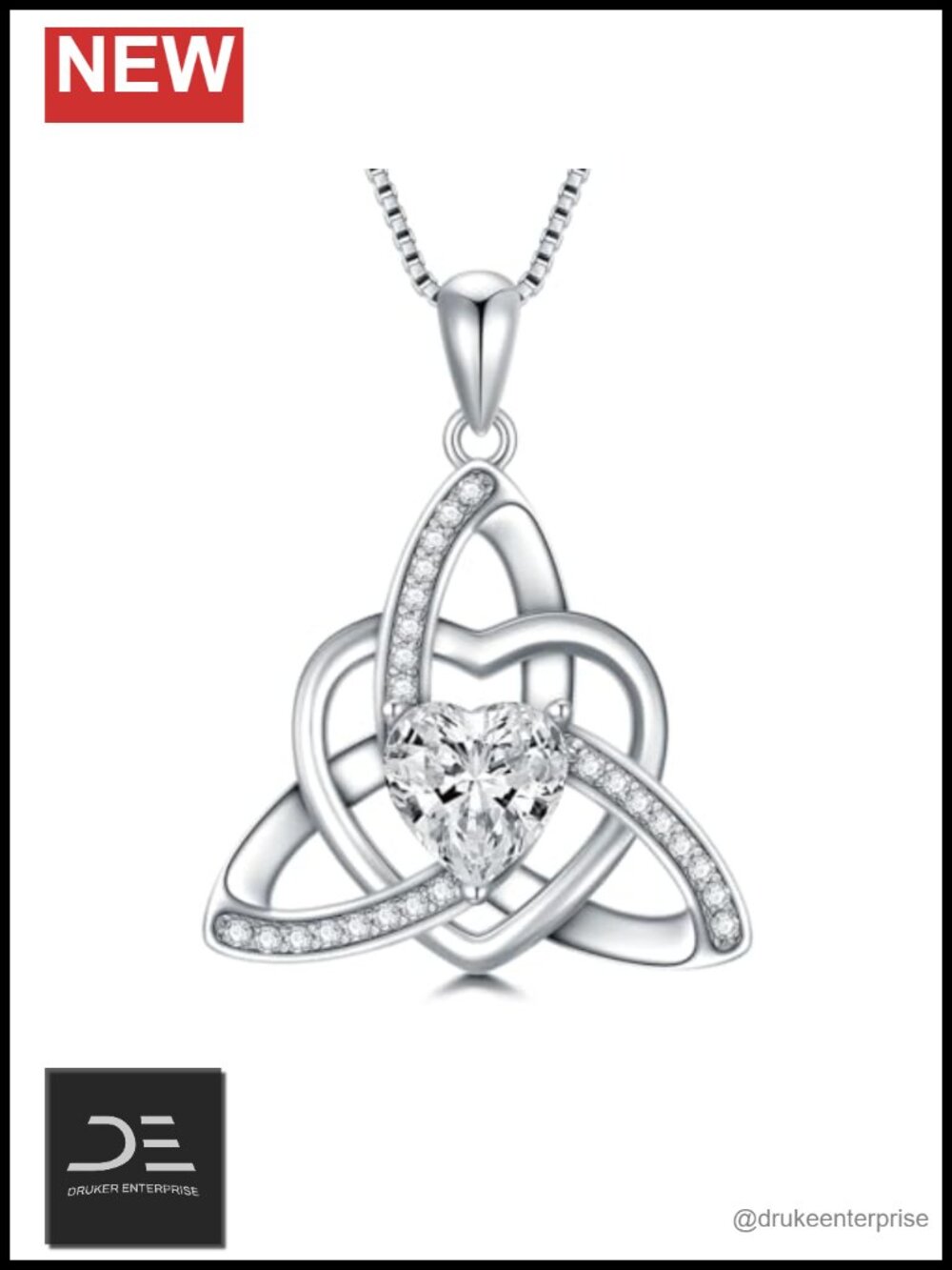 Heart Moissanite Celtic Knot Necklace 925 Sterling Silver Pendant Trinity Knot